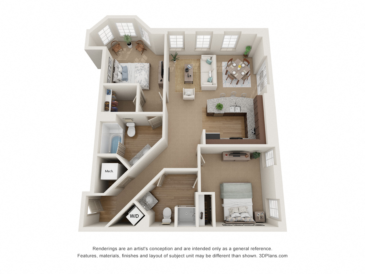 Floor plan for 2 beds, 2 baths, 1175 sqft